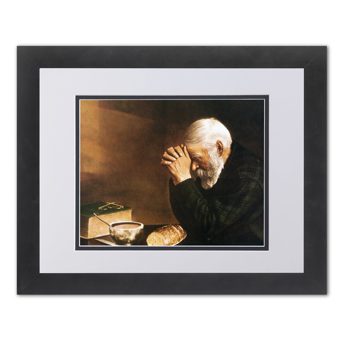 Daily Bread Man Praying at Table Grace 13x16 W/B Matted Black Framed Art Print
