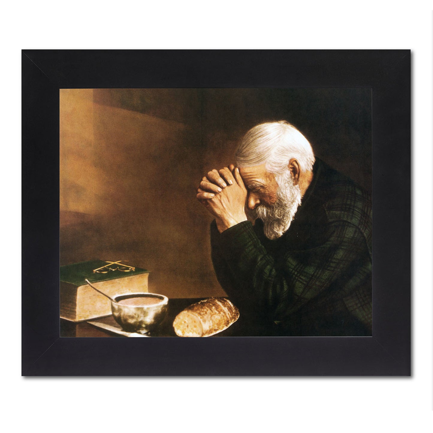 Daily Bread Man Praying Grace Thanksgiving at Dinner Table Grace Religious Art Print 8x10" Black Frame + Glass Sentimental Gift Ready to Hang Overall Size 10x12"