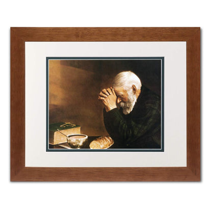 Daily Bread Man Praying at Table Grace 13x16 B/G Matted Honey Framed Art Print (with Mat Options)