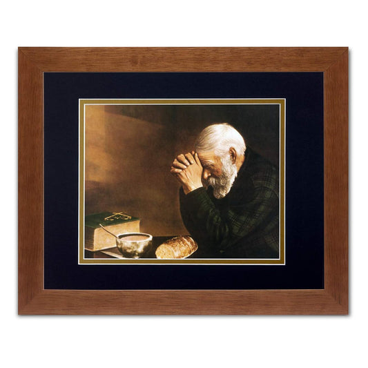 Daily Bread Man Praying at Table Grace 13x16 B/G Matted Honey Framed Art Print