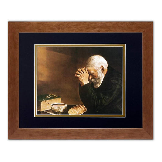 Daily Bread Man Praying at Table Grace by Engstrom Religious Art Honey Frame Black & Gold Mat + Glass 13x16"