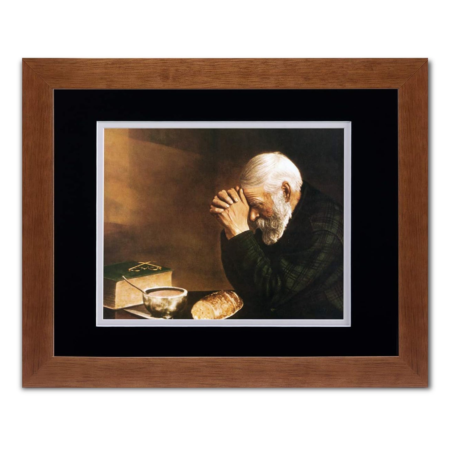 Daily Bread Man Praying at Table Grace 13x16 B/G Matted Honey Framed Art Print (with Mat Options)