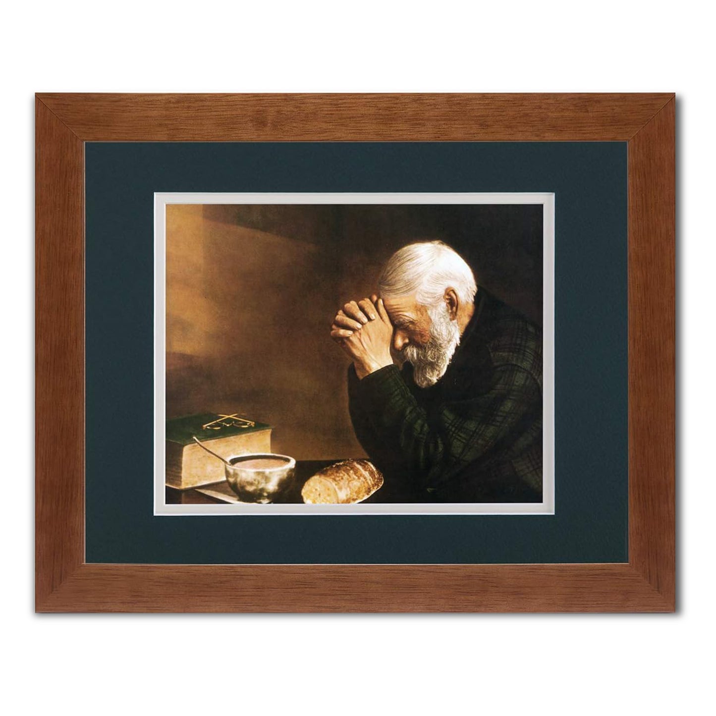 Daily Bread Man Praying at Table Grace 13x16 B/G Matted Honey Framed Art Print (with Mat Options)