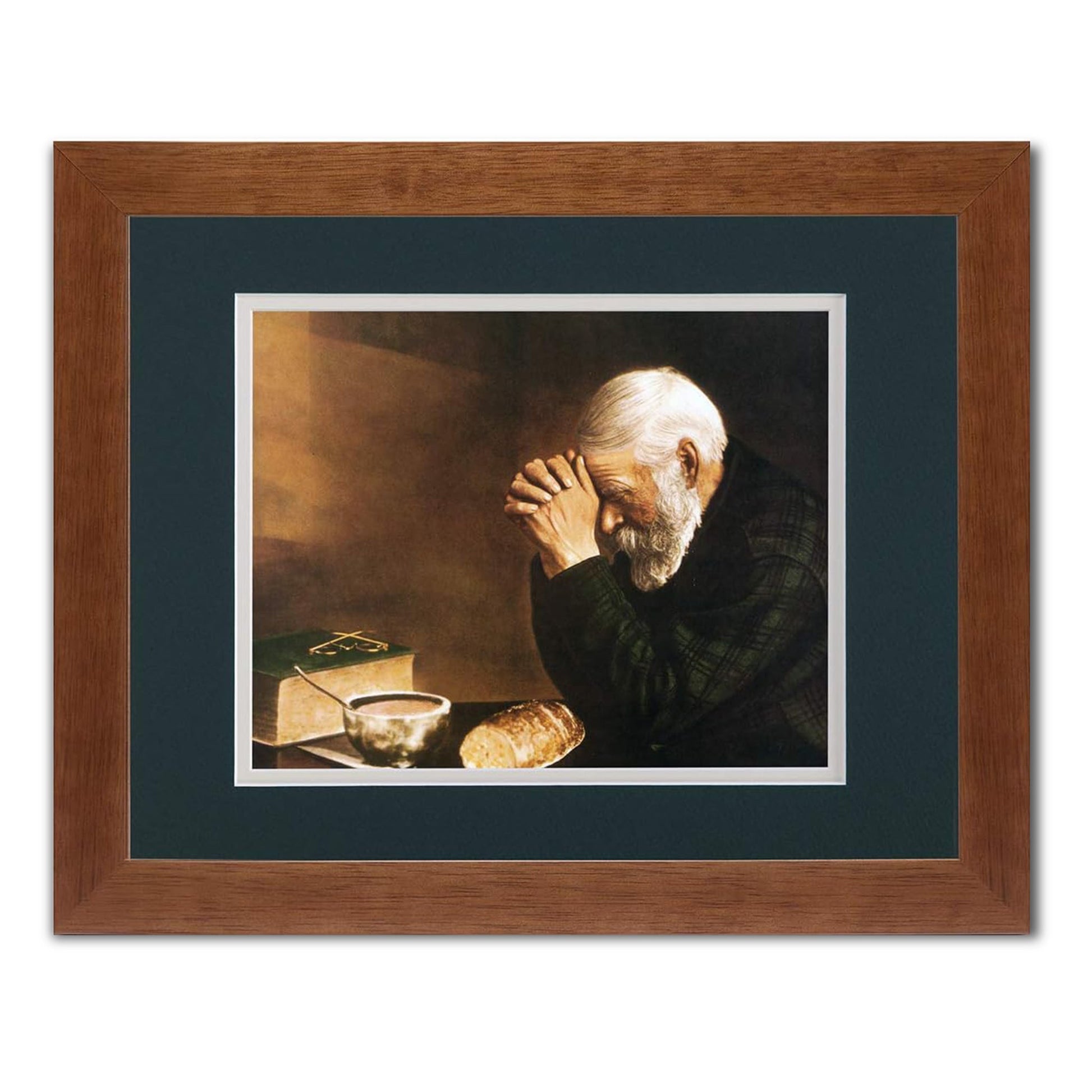 Daily Bread Man Praying at Table Grace 13x16 G/C Matted Honey Framed Art Print