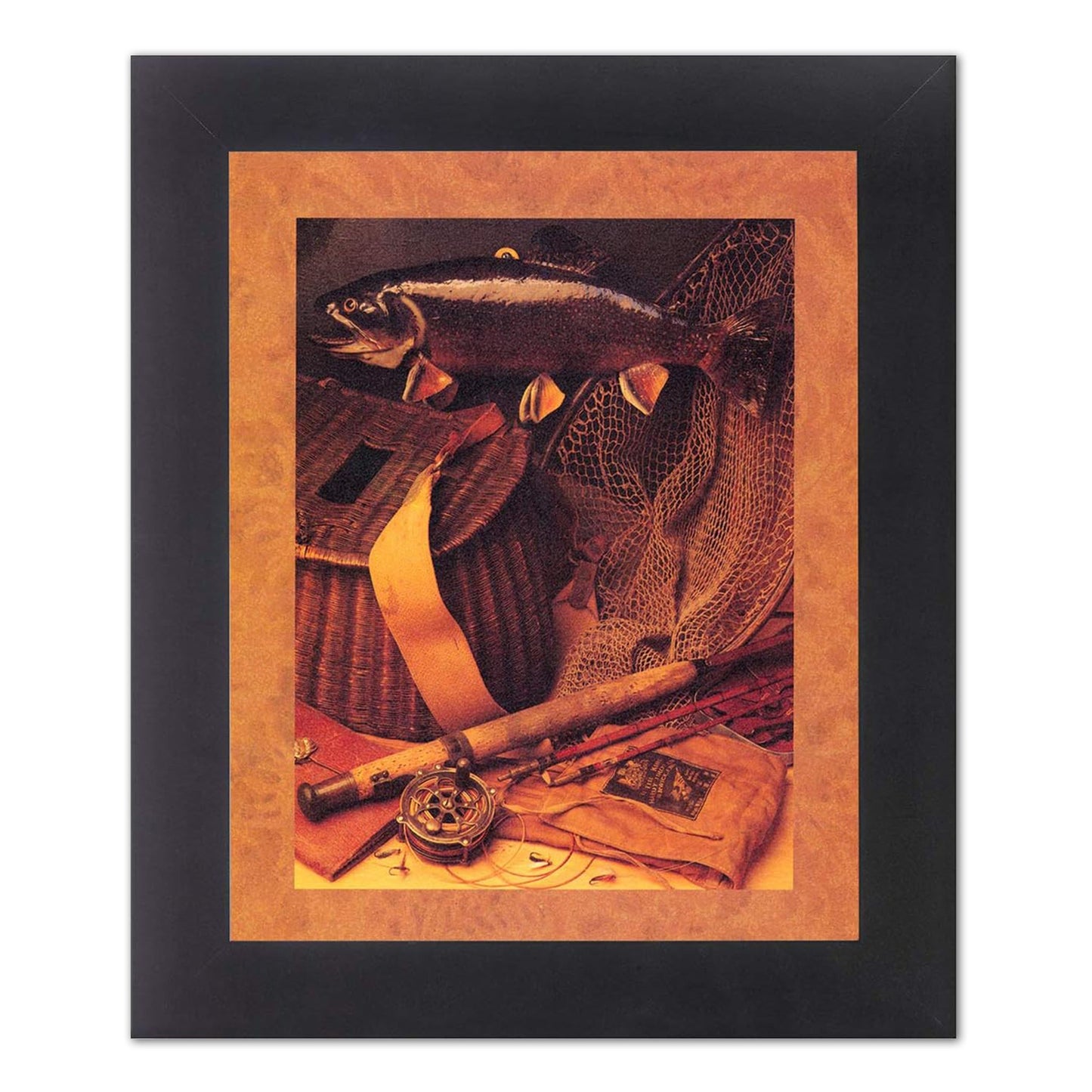 Fishing Fly Rod Reel Net Old Memorabilia Photo Wall Picture B/G Matted 13x16 Framed Art Print