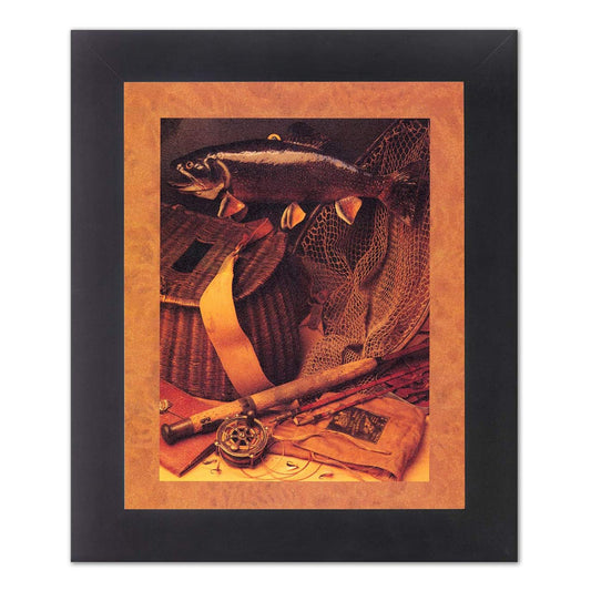 Fishing Fly Rod Reel Net Old Memorabilia Photo Wall Picture B/G Matted 13x16 Framed Art Print