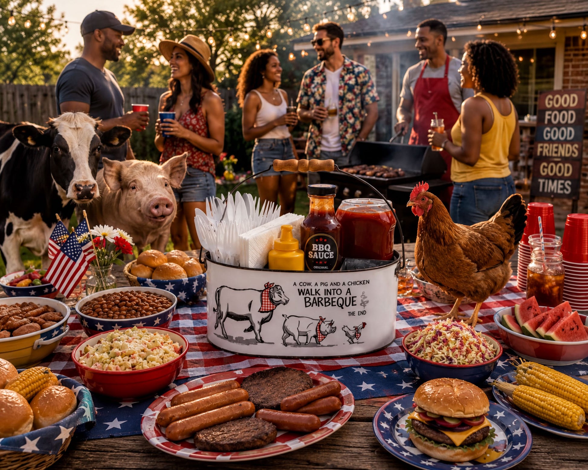 A group of people enjoying a barbecue with various food items, including hamburgers, hot dogs, and corn on the cob, along with a pig, chicken, and American flags.