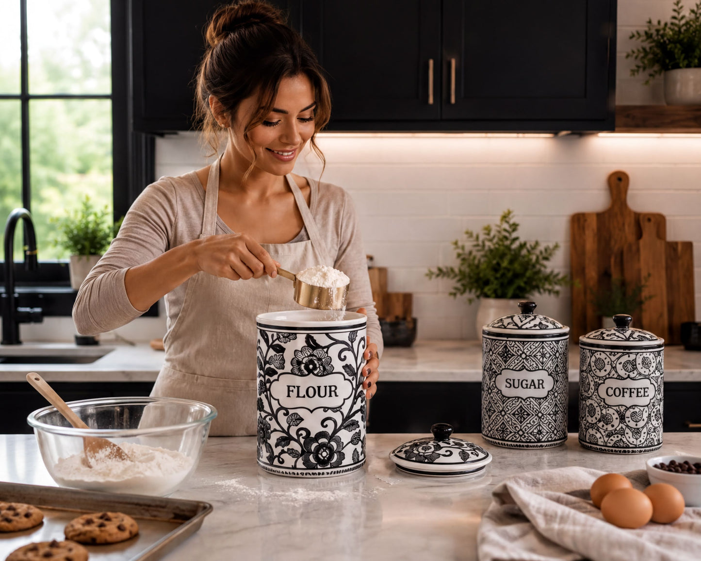 A woman is preparing food in a kitchen, pouring flour from a canister into a bowl.
