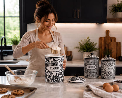 A woman is preparing food in a kitchen, pouring flour from a canister into a bowl.