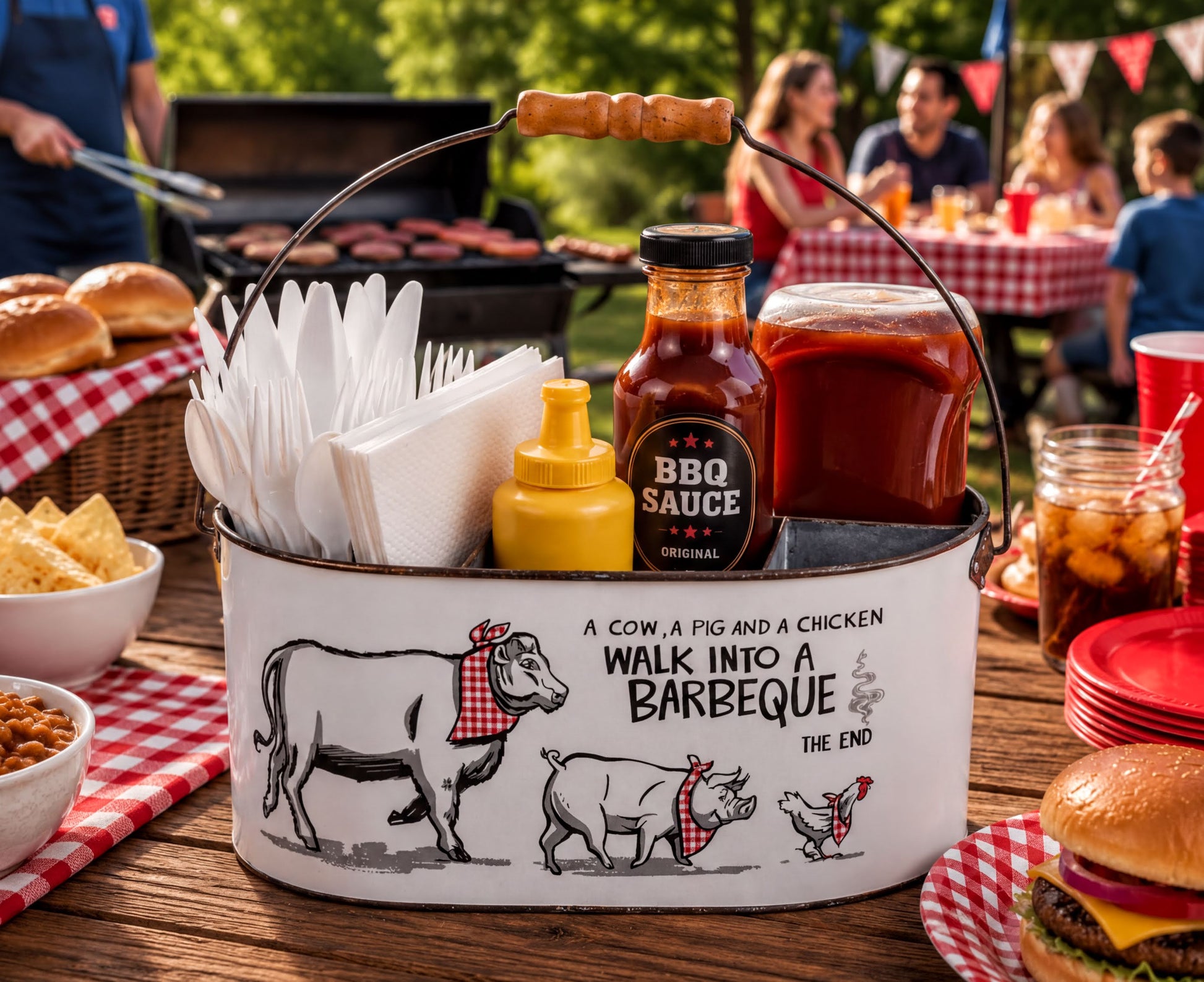 A metal bucket filled with BBQ essentials, including a bottle of BBQ sauce, a bottle of ketchup, and a basket with a cartoon illustration of a cow, pig, and chicken, is placed on a picnic table surrounded by people enjoying a barbecue.