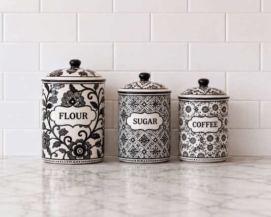 Three decorative canisters with black and white floral patterns and labels are arranged on a white tiled countertop.