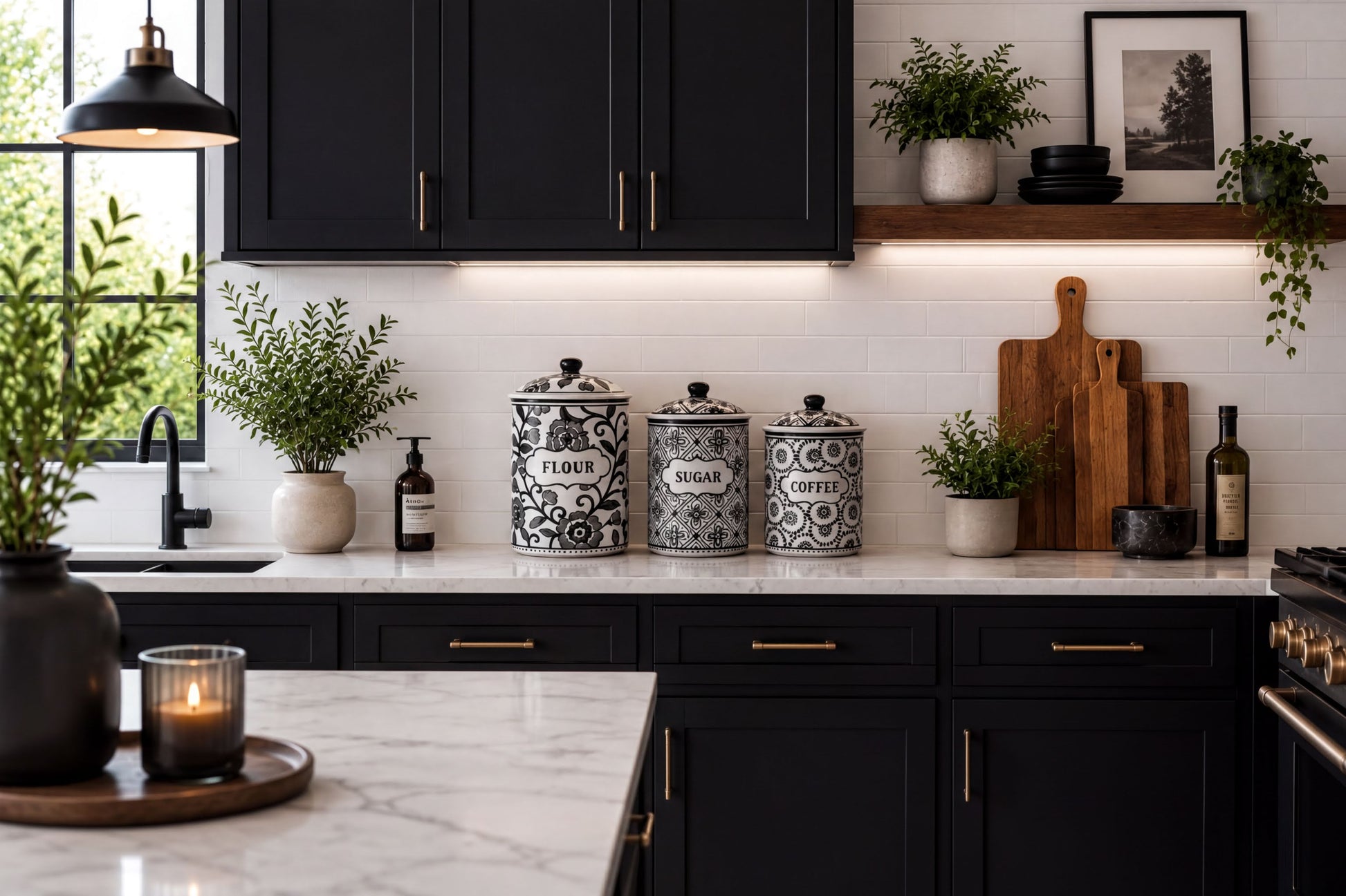 a modern kitchen with black cabinets, white countertops, and various decorative elements such as potted plants, vases, and a wooden cutting board.