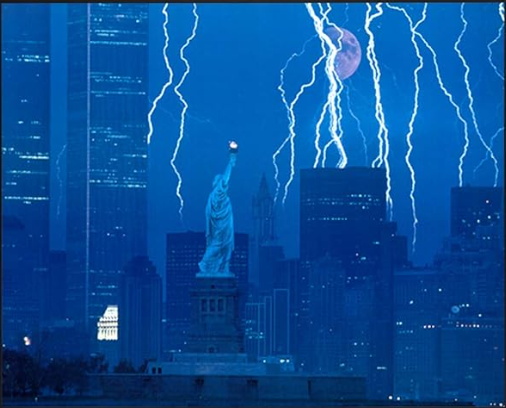 New York City Skyline in Lightning Storm Featuring: Twin Towers & Statue of Liberty Art Print 16x20