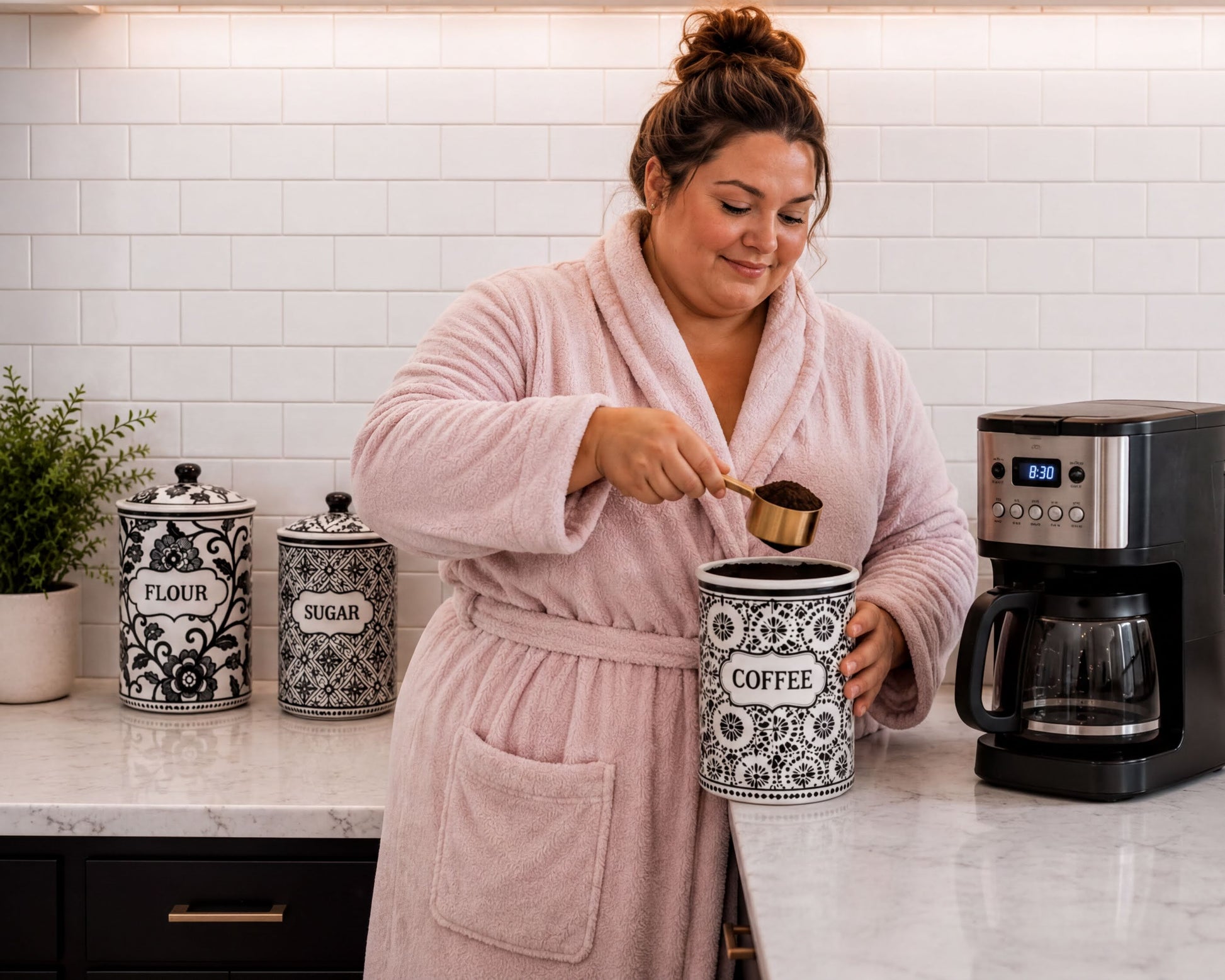 A woman in a pink robe is pouring coffee grounds into a coffee maker on a kitchen counter.