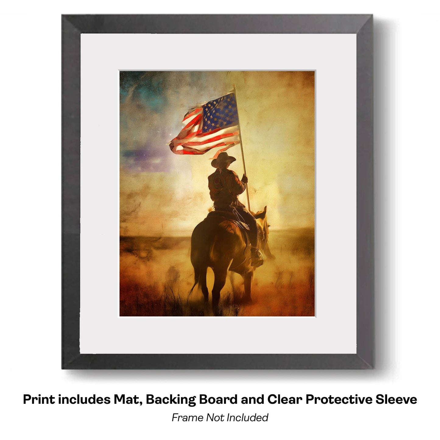 American Life- Cowboy Carrying Flag - Americana Country Life Art Prints - 8"x10" Artwork for 11"x14" Frame