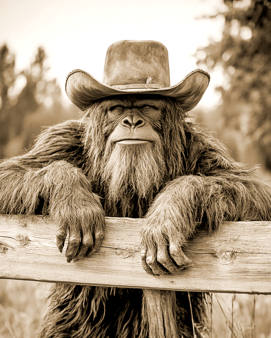 Cowboy Bigfoot Hanging Out - Bigfoot Art Prints – 8″x10″ Artwork in 11″x14″ Mat