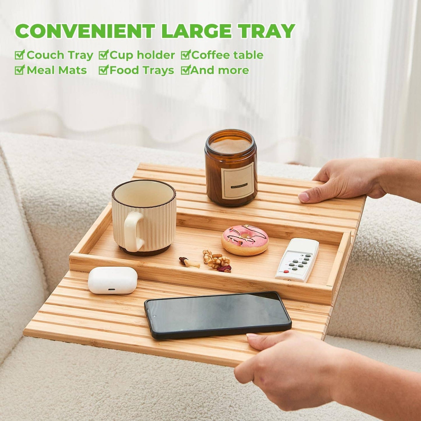 Bamboo Couch Cup Holder Arm Tray for Snack and Phone