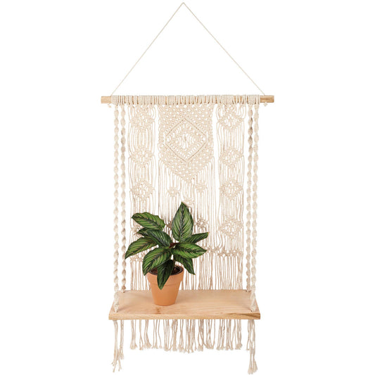 Macrame Shelf - Bohemian Wooden Wall Shelf with Cotton Macrame Decor & Tassel Hanging