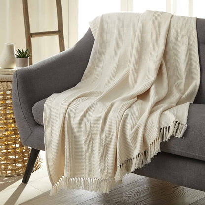 Organic Cotton Throw – Lightweight Soft Cotton Blanket with Tassels, Hypoallergenic