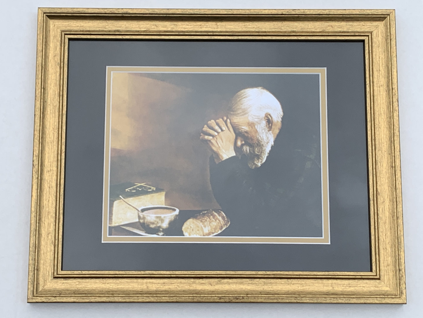 Daily Bread Man Praying at Table Grace 13x16 Gold Frame + black & gold matting