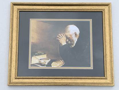 Daily Bread Man Praying at Table Grace 13x16 Gold Frame + black & gold matting