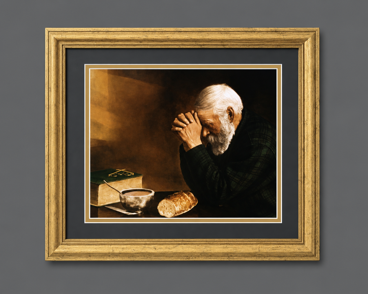 Daily Bread Man Art – Framed Religious Print with Gold Frame & Black Gold Matting