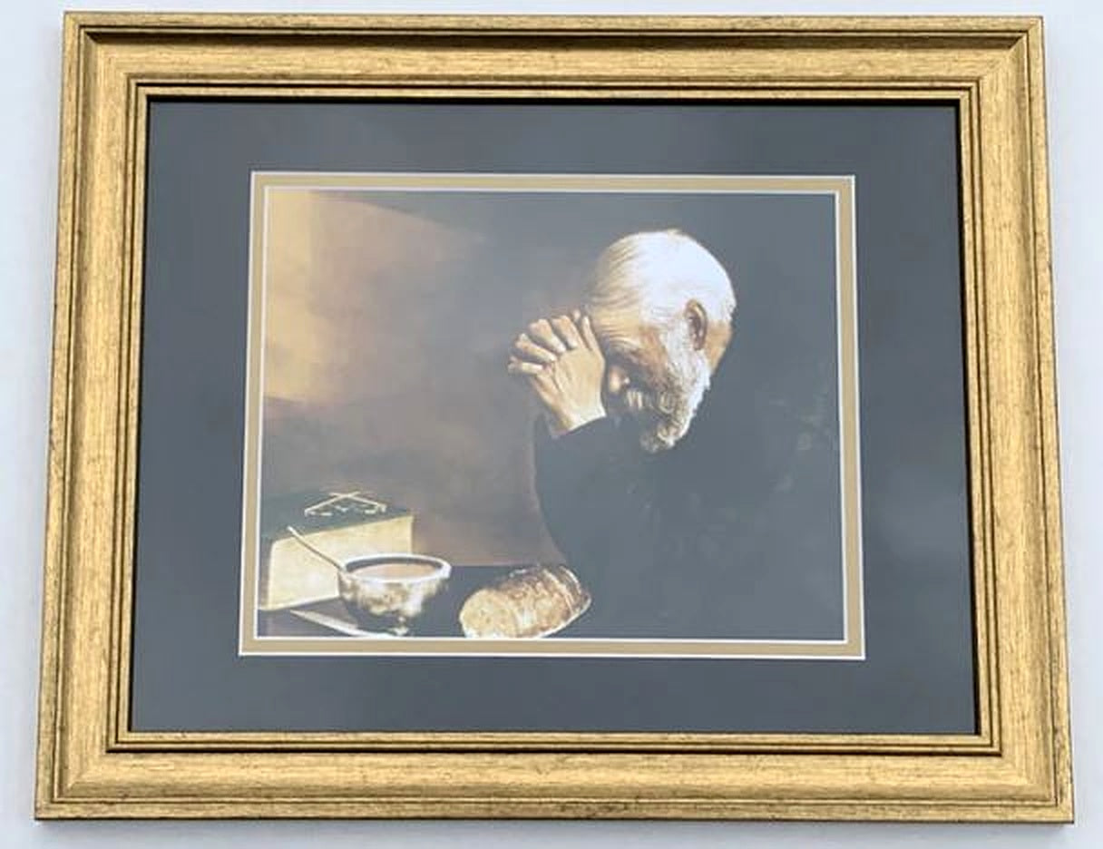 Daily Bread Man Praying at Table Grace 13x16 Gold Frame + black & gold matting