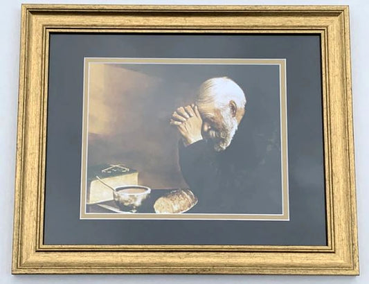 Daily Bread Man Praying at Table Grace 13x16 Gold Frame + black & gold matting