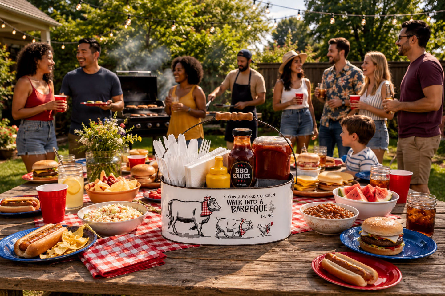 A group of people gathered around a table filled with various food items, including hamburgers, hot dogs, and salads, enjoying a barbecue outdoors.