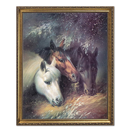 Horses Eating Hay In Snow Western Rodeo Cowboy Animal Wall Picture Gold Framed Art Print