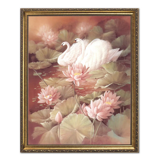 Swans On Pond Flower Exotic Bird Outdoor Wall Picture Black Frame Art Print