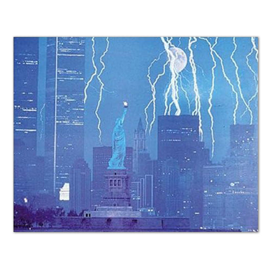 New York City Skyline in Lightning Storm Featuring: Twin Towers & Statue of Liberty Art Print 16x20