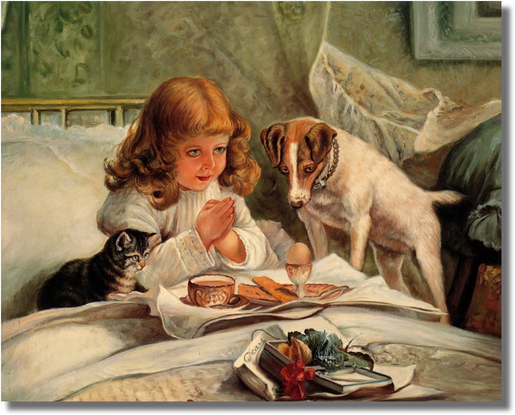 Little Girl Praying in Bed Breakfast Dog and Cat Religious Wall Picture Art Print