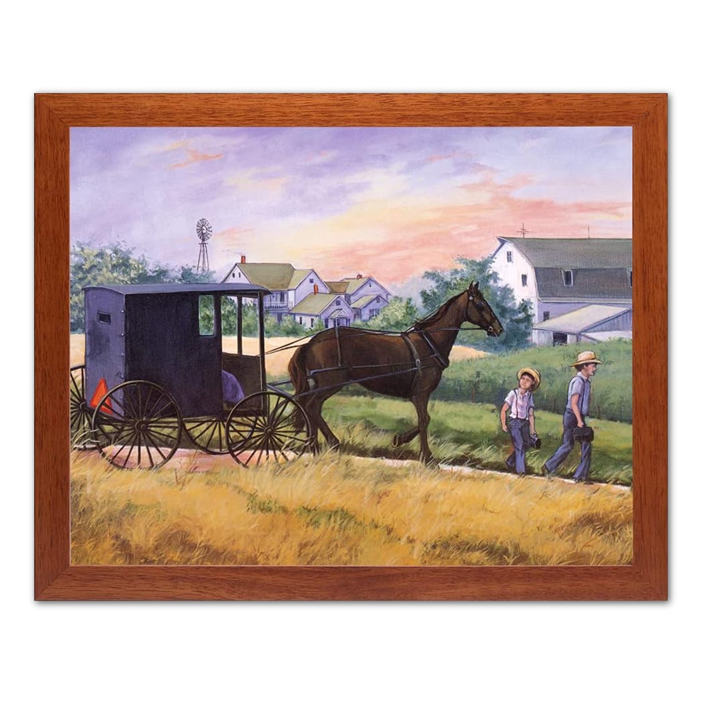 Amish Country Landscape with Horse Buggy Windmill Farmers Art Print 16x20 Honey Frame with Real Glass