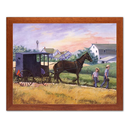 Amish Country Landscape with Horse Buggy Windmill Farmers Art Print 16x20 Honey Frame with Real Glass