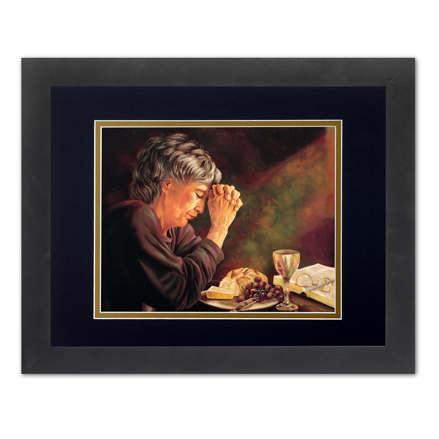 Gratitude Lady Praying at Dinner Table Daily Bread Grace Religious Wall Picture B/G Matted 13x16 Framed Art Print