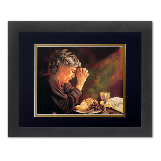 Gratitude Lady Praying at Dinner Table Daily Bread Grace Religious Wall Picture B/G Matted 13x16 Framed Art Print