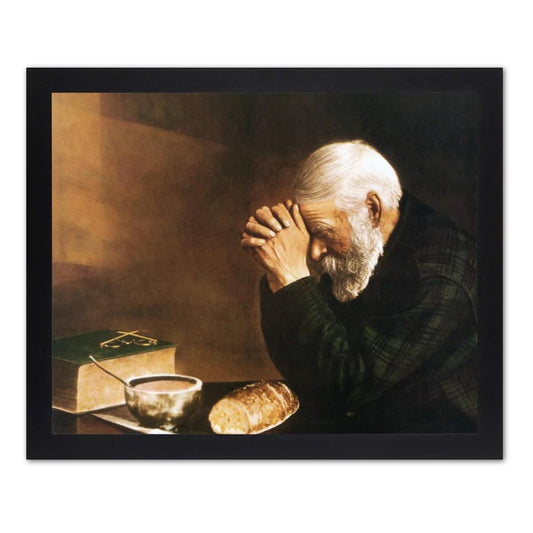 Art Prints Inc Daily Bread Man Praying At Dinner Table Grace Religious Wall Picture 16x20 Lustrous Black Frame