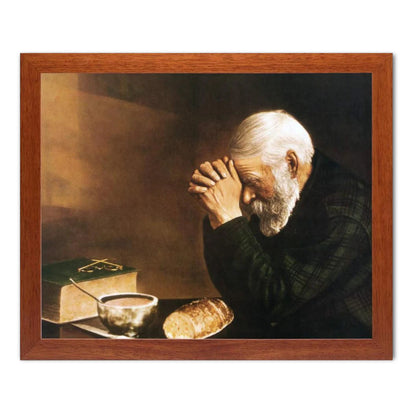 Daily Bread Man Praying At Dinner Table Grace Sentimental Nostalgic Beautiful Religious Art Print 16x20 Honey Frame + Glass Ready to Hang