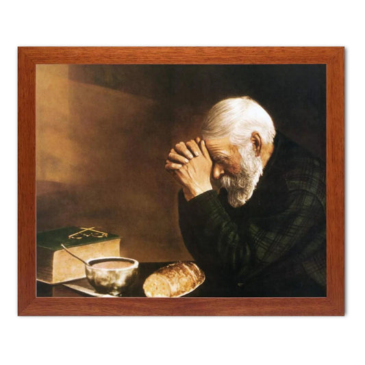 Daily Bread Man Praying At Dinner Table Grace Sentimental Nostalgic Beautiful Religious Art Print 16x20 Honey Frame + Glass Ready to Hang