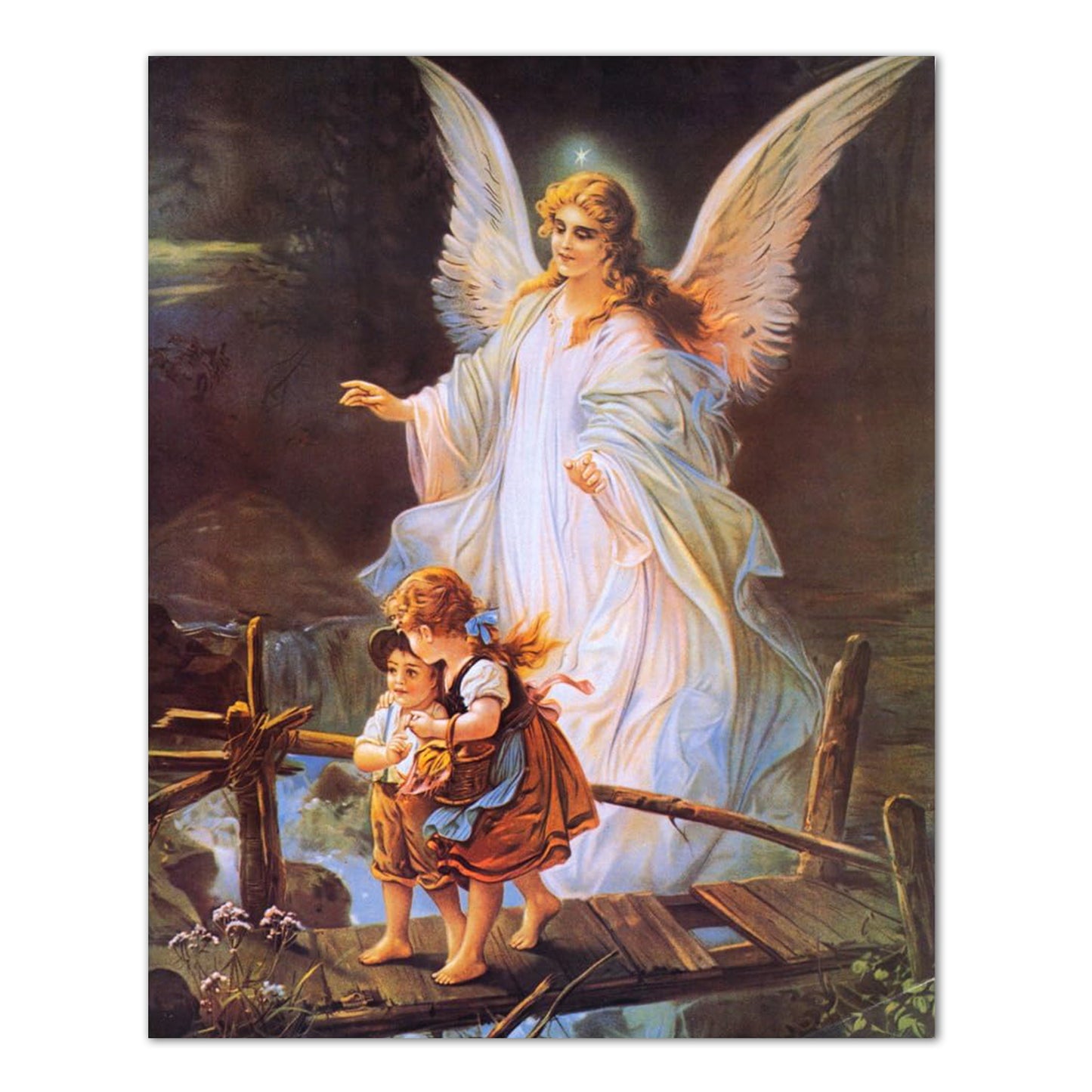 Guardian Angel Protecting Children On Bridge Religious Art Print 16x20" (with Frame Option)