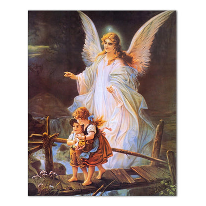 Guardian Angel Protecting Children On Bridge Religious Art Print 16x20" (with Frame Option)