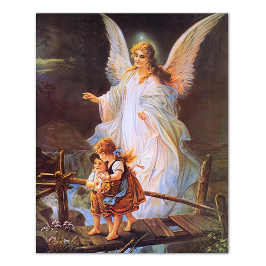 Guardian Angel Protecting Children On Bridge Religious Art Print 16x20" (with Frame Option)