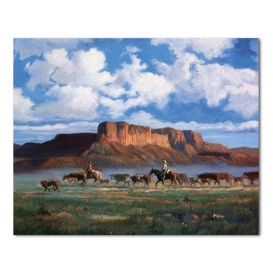 Cowboys Horses Cattle Western Landscape Animal Wall Picture Art Print