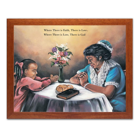 African American Black Grandma Abuela Mom Daughter Praying Dinner Table Religious Art Print 16x20" Honey Frame + Glass