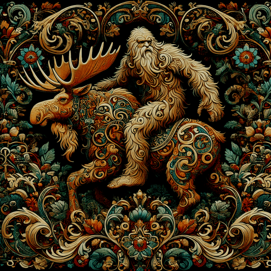 Sasquatch Riding on a Moose - Bigfoot Art Prints – 8″x8″ Artwork in 12″x12″ Mat
