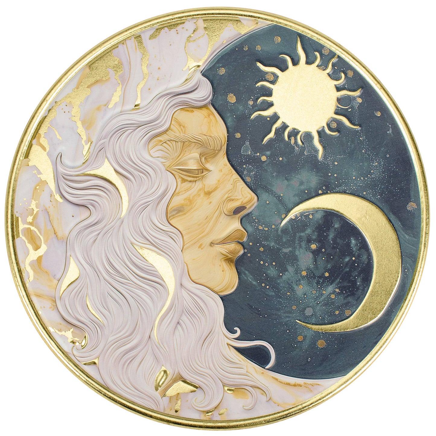 Lady Moon Wall Decor - Embossed Metal Artwork With Gold Accent Celestial Design