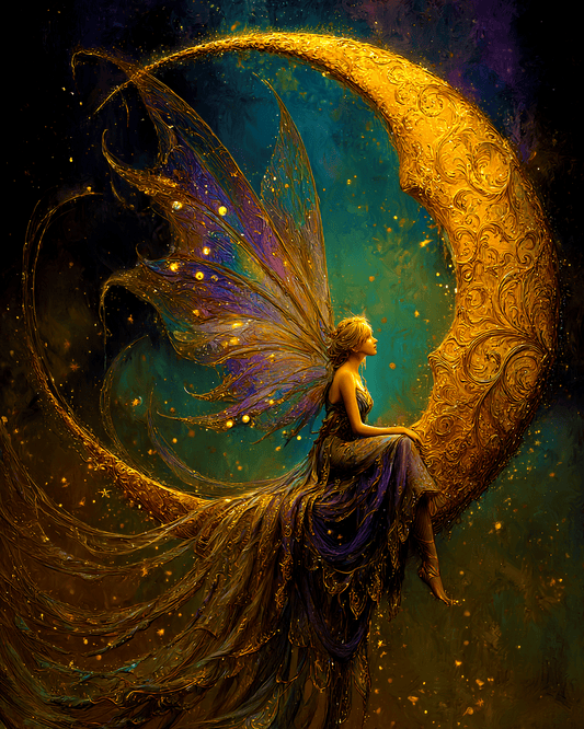 Fairy Relaxing on a Crescent Moon Art Print - Fairies 8"x10" Artwork