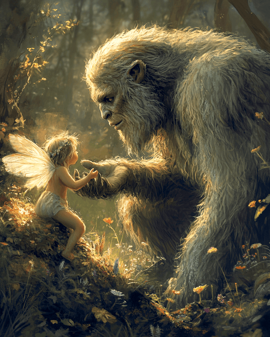 Fairy Giving Advice to Bigfoot - Fairies Wall Art Prints – 8″x10″ Artwork for 11″x14″ Frame