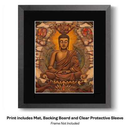 Buddha Mural - Zen Art for Meditation Home Decor Wall Art Prints – 8″x10″ Artwork – 11″x14″ Beveled Mat